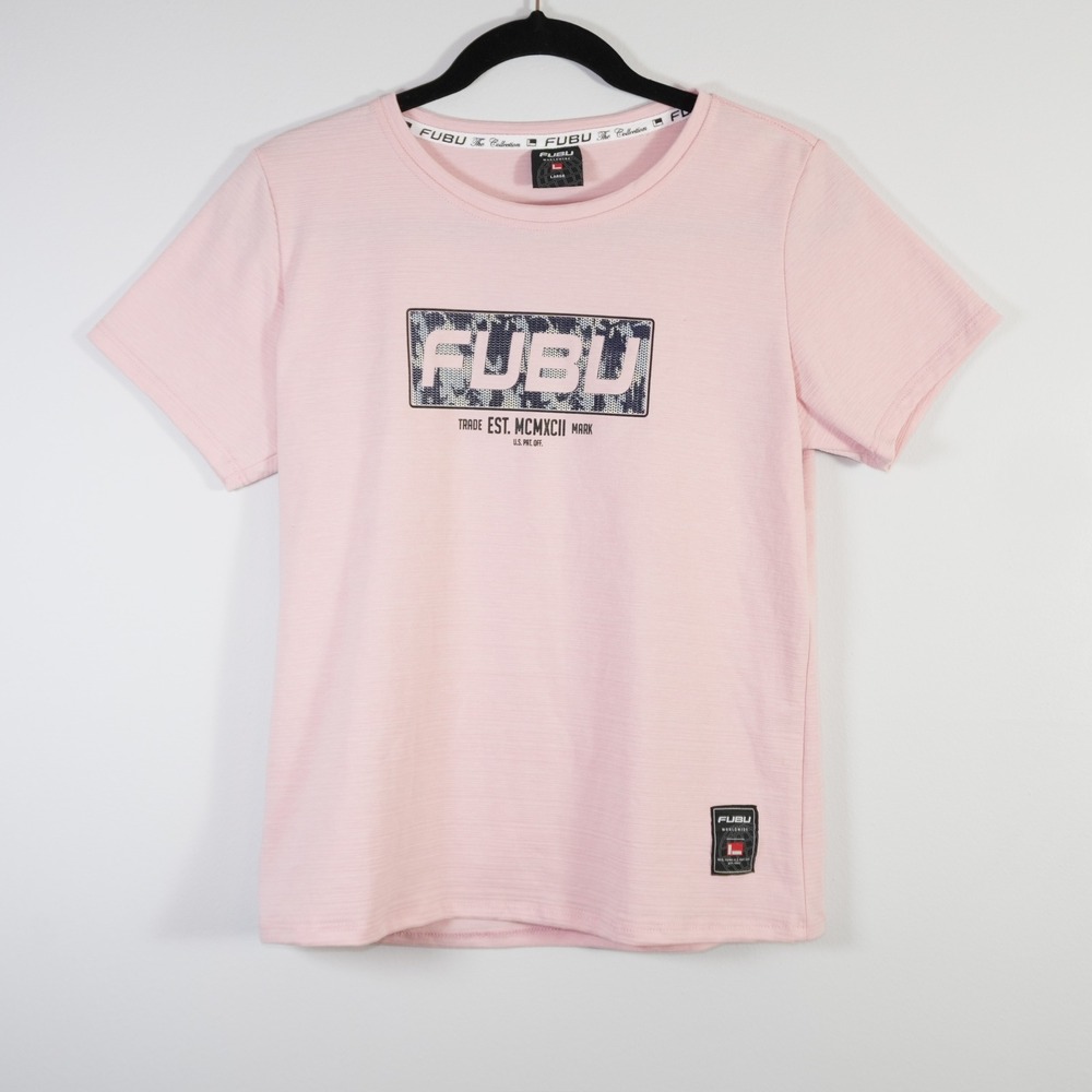 FUBU Pink Graphic Logo T Shirt Women's Large Y2K Streetwear Casual Cotton Blend